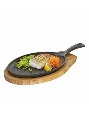Padella grill ovale ghisa con supporto legno Kuchenprofi