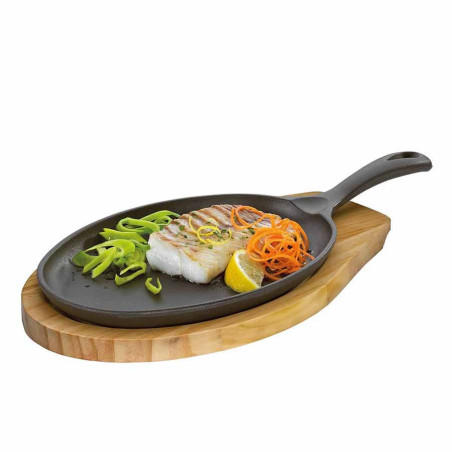 Padella grill ovale ghisa con supporto legno Kuchenprofi