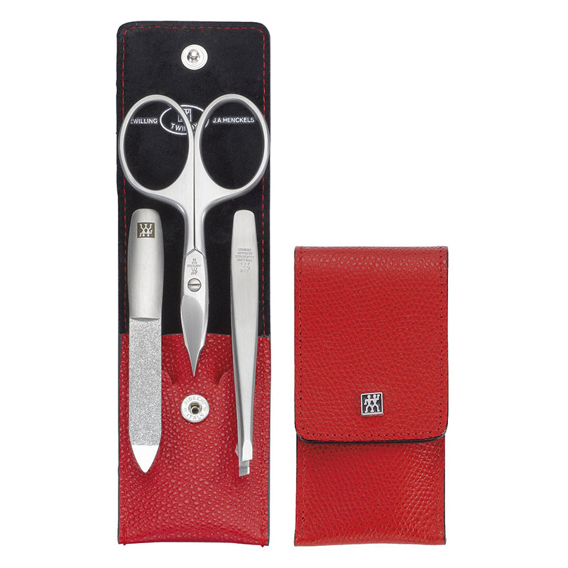 Set manicure Zwilling 3 pezzi con astuccio in pelle rossa Set manicure Zwilling 3 pezzi con astuccio in pelle rossa