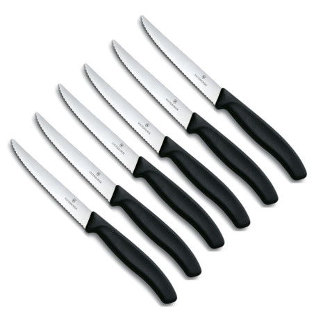 Set 6 coltelli da tavola multiuso Victorinox nero. Lama ondulata seghettata super tagliente