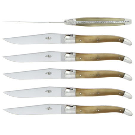 Coltelli da tavola, finitura lucida con manico in corno chiaro, set da 6