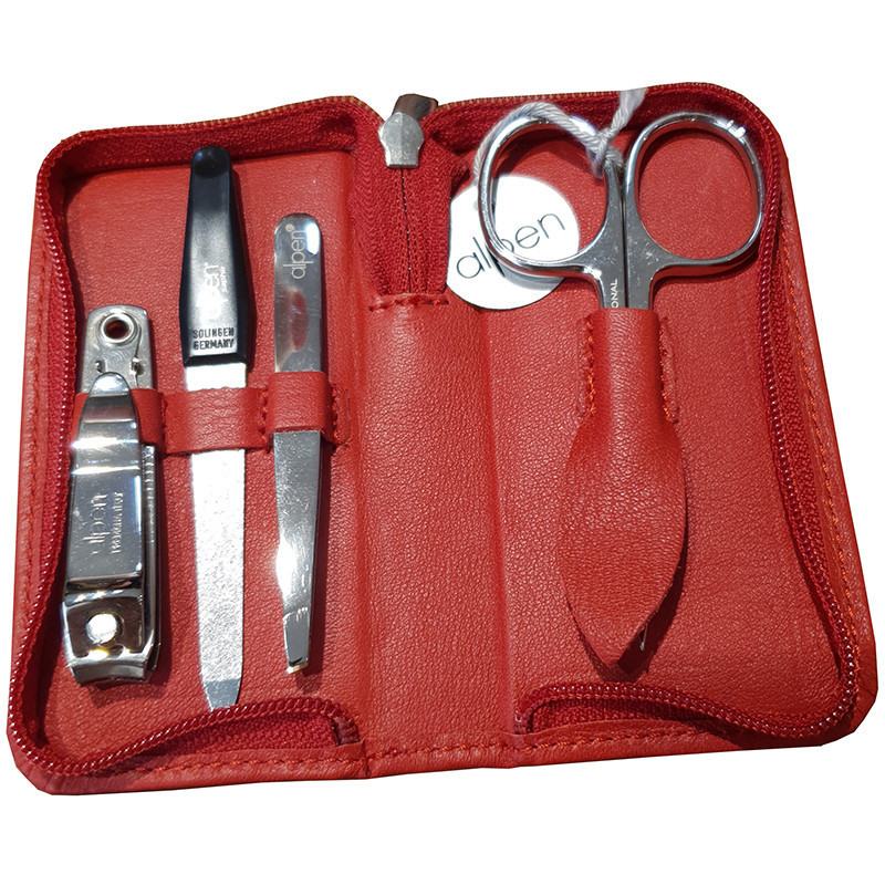 Set manicure 4 pezzi in acciaio con astuccio pelle rossa Set manicure 4 pezzi in acciaio con astuccio pelle rossa
